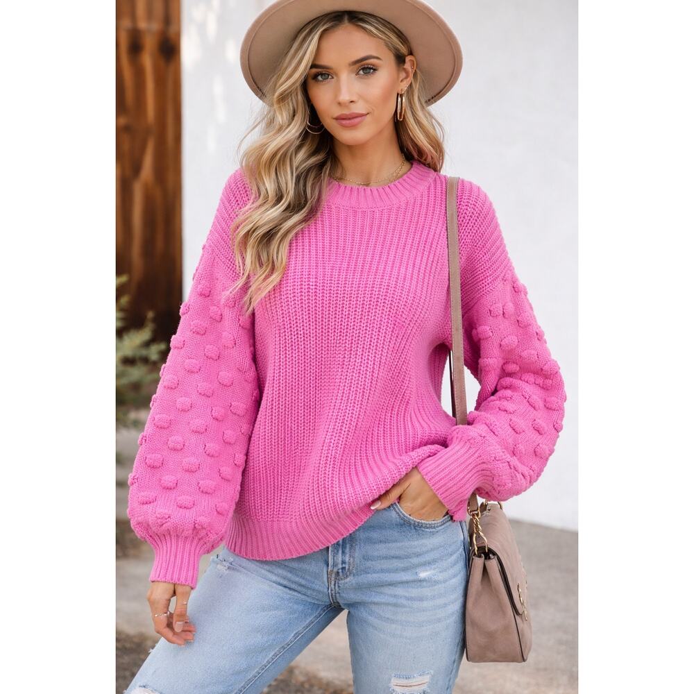 VICI Pink Textured Knit Sweater M Bubble Sleeve Chunky Cozy Pullover statement